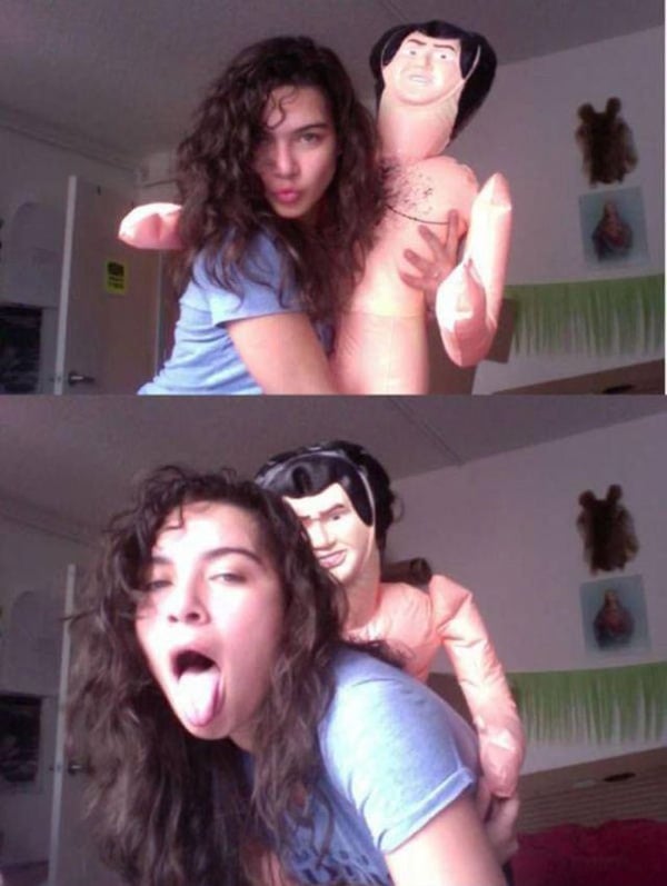 Two pictures of a woman holding an inflatable doll, expressing hesitation.