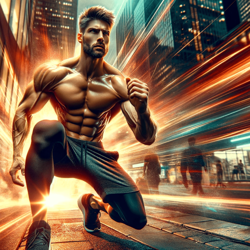 A man is running in a city with a blurry background.