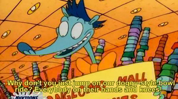 A cartoon character with dirty jokes hidden in kid's cartoons is holding a sign that says, don't you just want to eat your own feet.