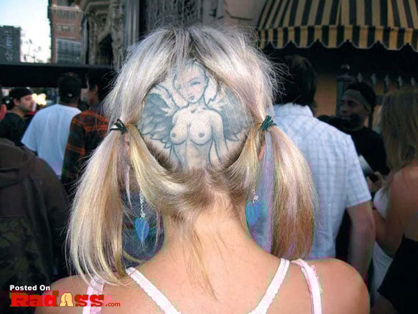 A girl with a permanent tattoo on her head.