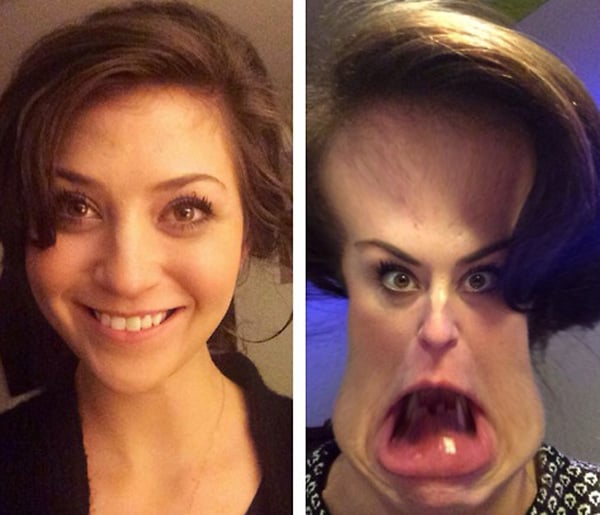 Two pictures of a woman with her mouth open, showcasing expressions that evoke the sentiment