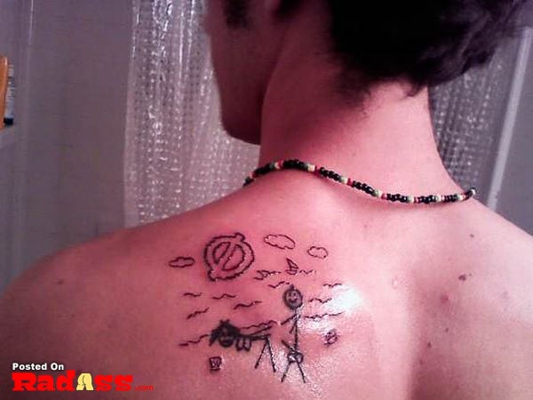 A man with a permanent tattoo on his back.