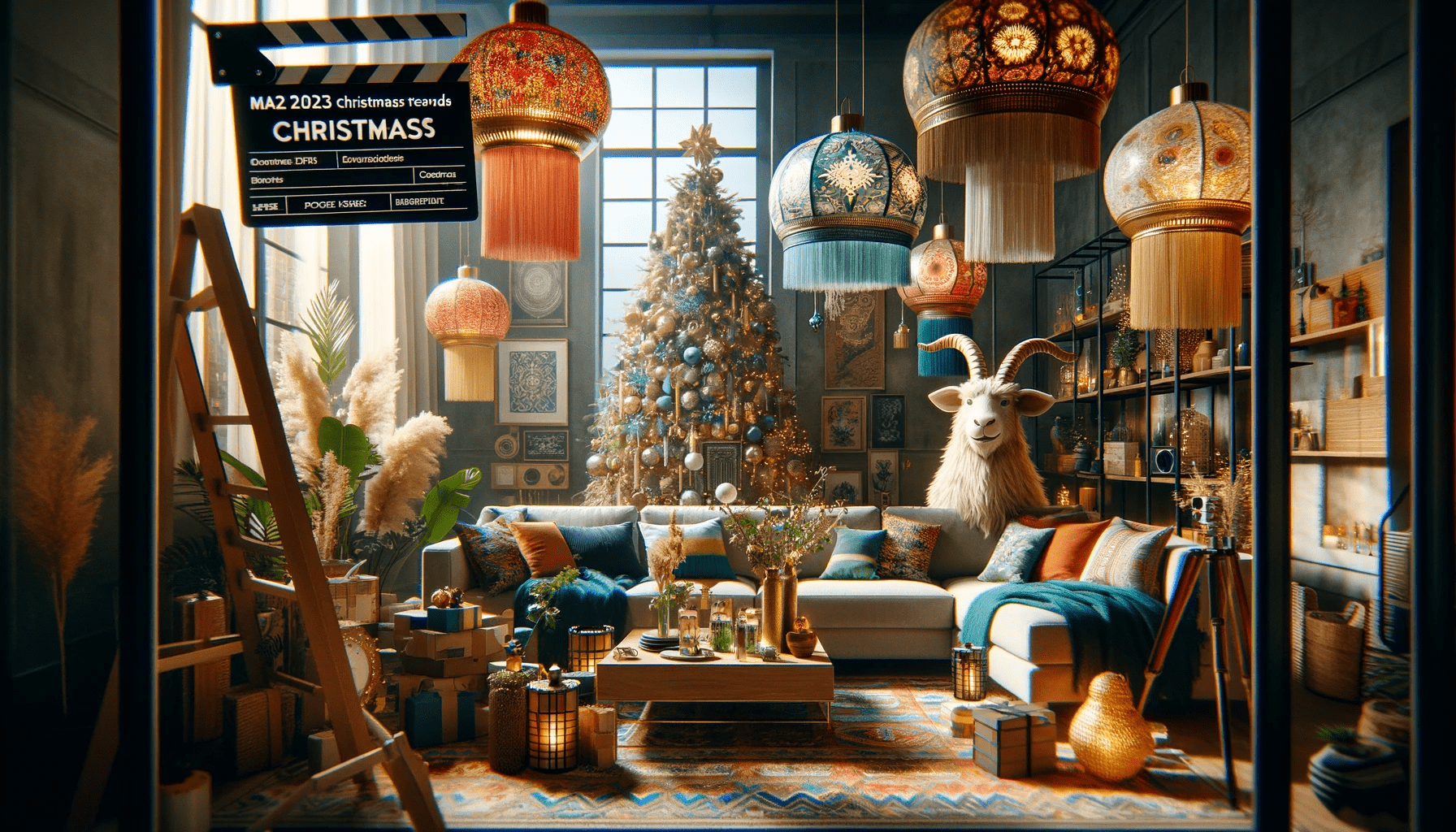 A living room with a christmas tree and decorations.