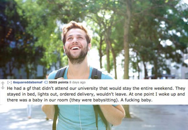 A man is laughing down the street, experiencing a delightful moment.