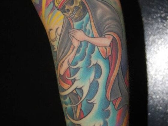 Tattoo, woman, skeleton.
