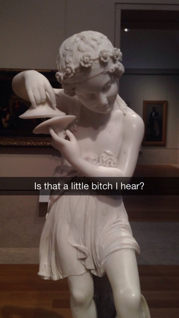 A hilarious Snapchat featuring a statue questioning,
