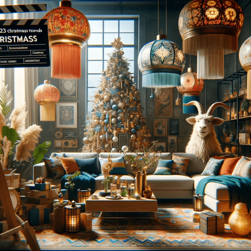 A living room with a christmas tree and decorations.