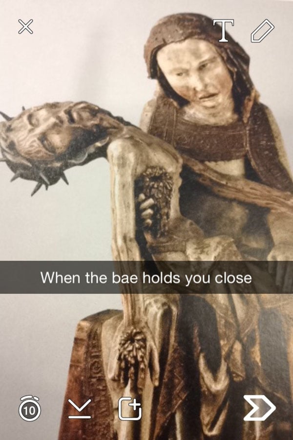 A funny Snapchat featuring a statue with the text