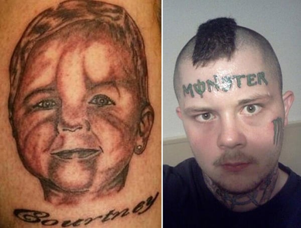 A man with a tattoo on his head showcasing a regrettable decision.