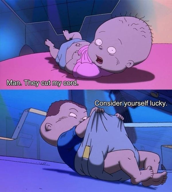 A cartoon of a baby with a hidden dirty joke in the caption.