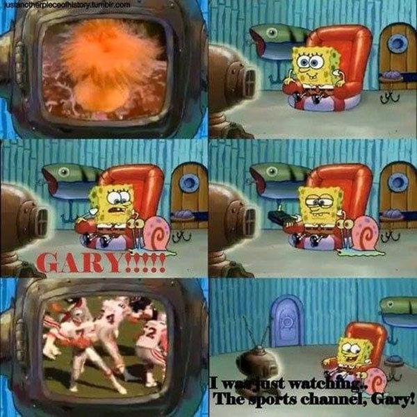 The SpongeBob SquarePants characters are watching the game on a tv with hidden dirty jokes.