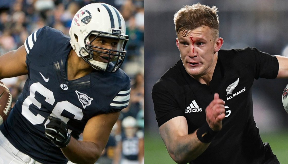 Two players engaged in a rugby match are sprinting while carrying the ball.