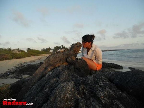 A woman is petting an iguana on the beach, but I would date her if she wasn't involved with reptiles.