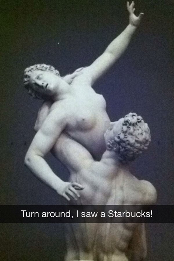 A hilarious Snapchat capturing a statue's caption