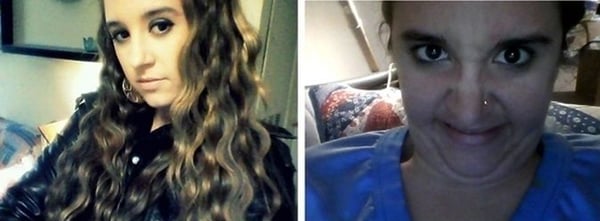 Two pictures of a woman with long hair and a woman with short hair, showcasing different hairstyles.