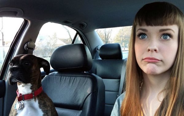 A woman in a car with a dog in the back seat wonders,