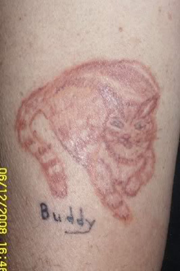 A permanent reminder of a regrettable choice - a cat tattooed with the word