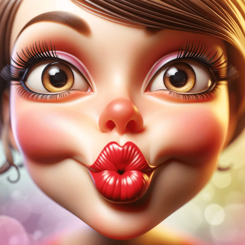 A cartoon girl is making a kiss with her lips.