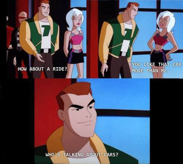 A cartoon with two people discussing a superhero, including hidden dirty jokes.