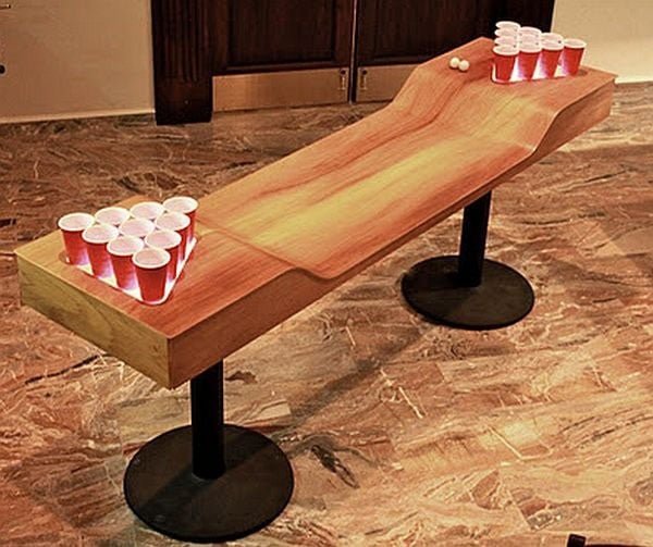 A wooden bench adorned with cups, tempting those who value their wants over their needs.