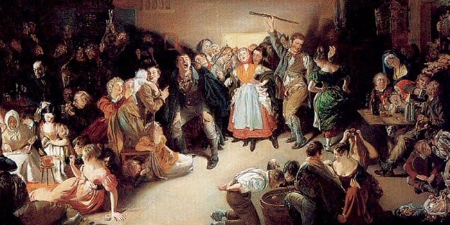 A painting of a group of people gathered in a room, reminiscent of All Hallows Eve.