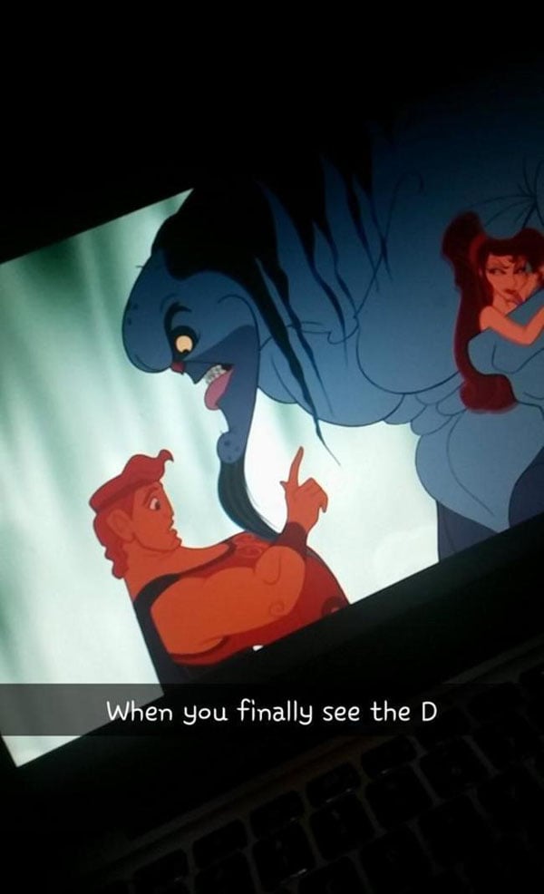 A laptop screen displaying a hilarious Snapchat featuring a character from Disney's