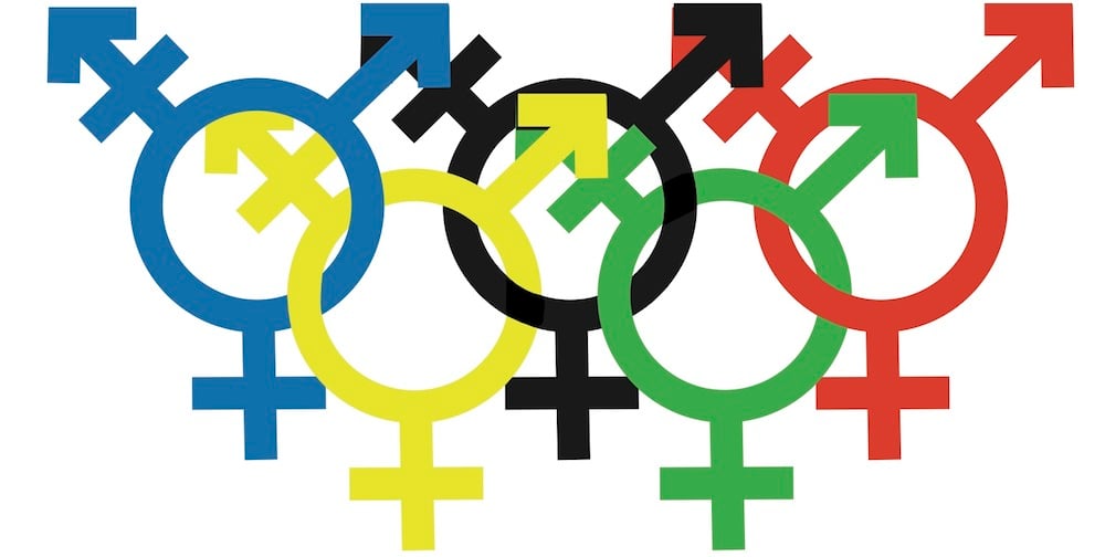 The Olympic gender symbols are displayed on a white background, sparking a debate on fairness for transgender athletes.