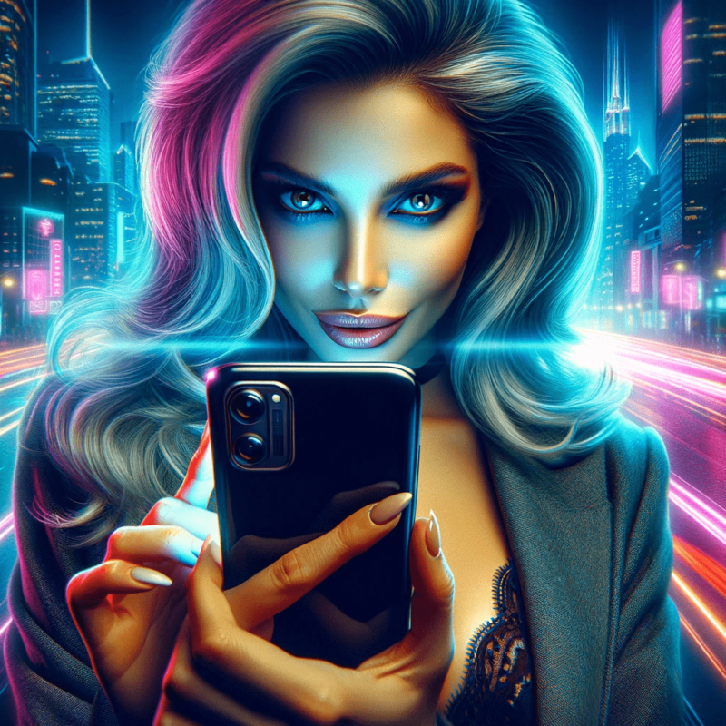 Influencer Gone Wild: A woman holding a phone in a neon city, showcasing the untamed side of social media stardom.