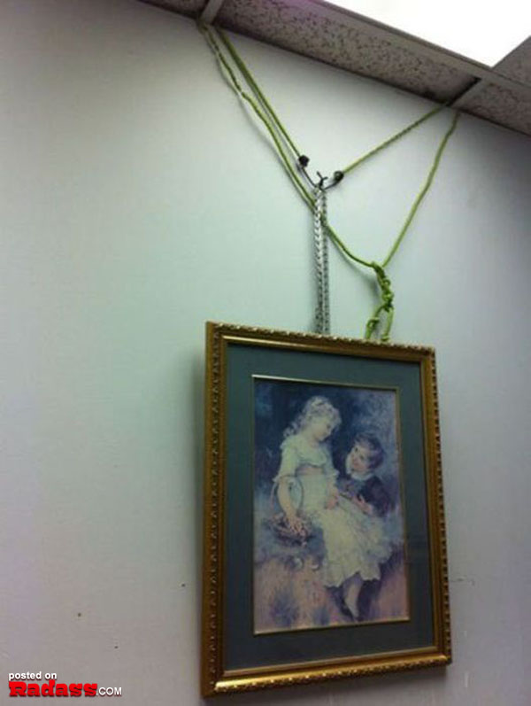 In an office, a unique framed picture featuring