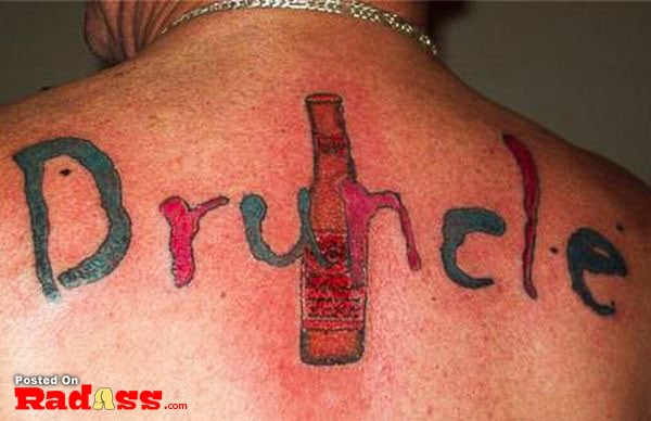 A man sporting a permanent beer bottle tattoo.