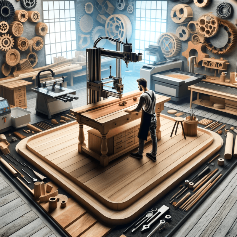 A man is working on a traditional woodworking machine in a workshop, seamlessly integrating modern tech.