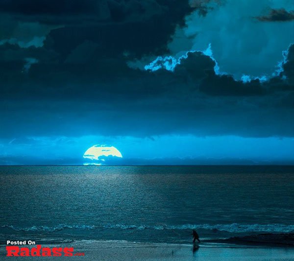 A person is standing on the beach under a blue sky.