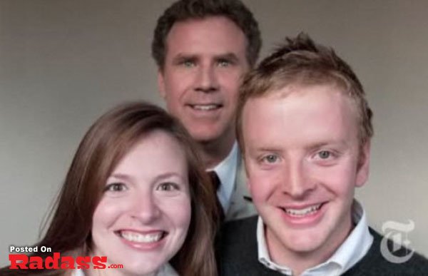 A man and a woman are posing for a picture, while photobombs celebrity style.