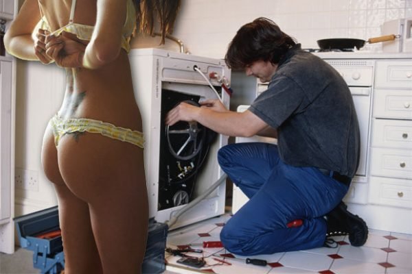 A woman trading sexual favors online for basic plumbing work in a kitchen.
