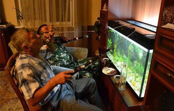 Two men observing a fish tank.