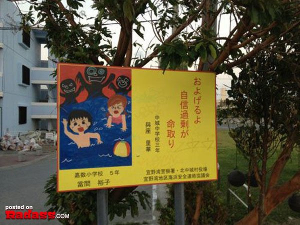 A warning sign depicting the perils of swimming.