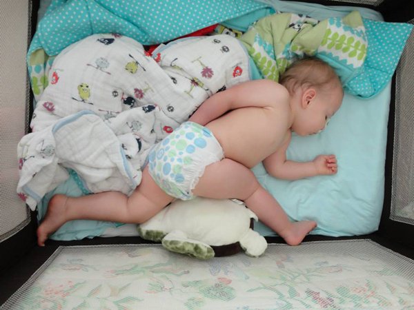 A baby peacefully sleeping in a crib surrounded by adorable stuffed animals that will surely bring joy to your Saturday.