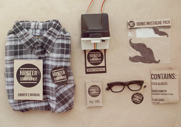A set of items on a table where hipsters have gone too far.