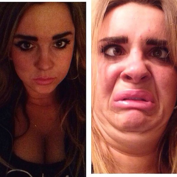 Two pictures of a woman with makeup on her face.