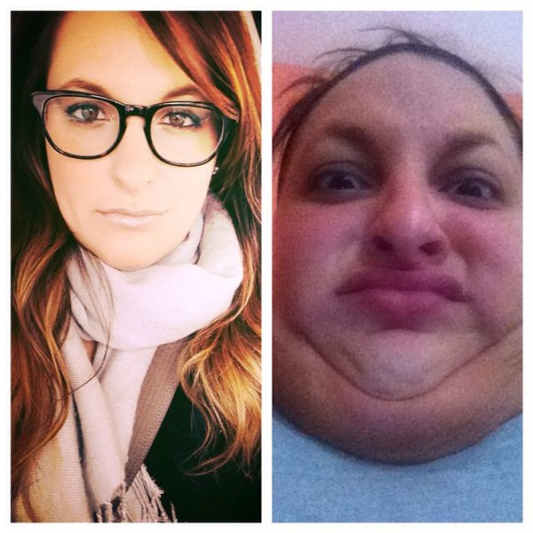 Two pictures of a woman with glasses and a scarf.