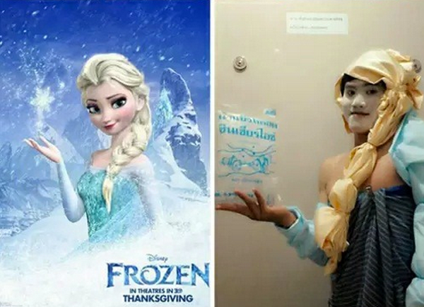 A picture of two people in low-cost cosplay as Elsa and Anna from Frozen that makes the internet a better place.