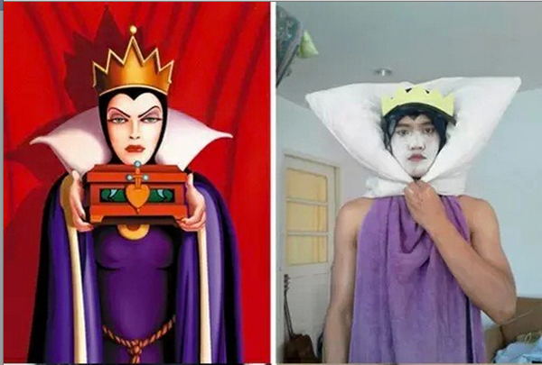 Two low-cost cosplay pictures of a man dressed up as Snow White.