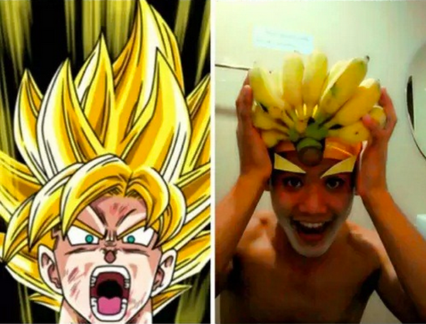 A man's low-cost cosplay featuring bananas on his head.