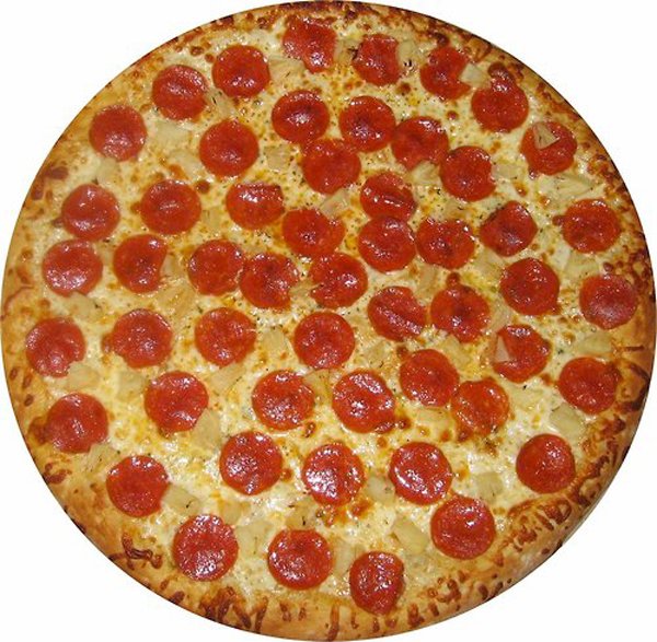One of the 19 meals every college student knows well: a pepperoni pizza on a white plate.