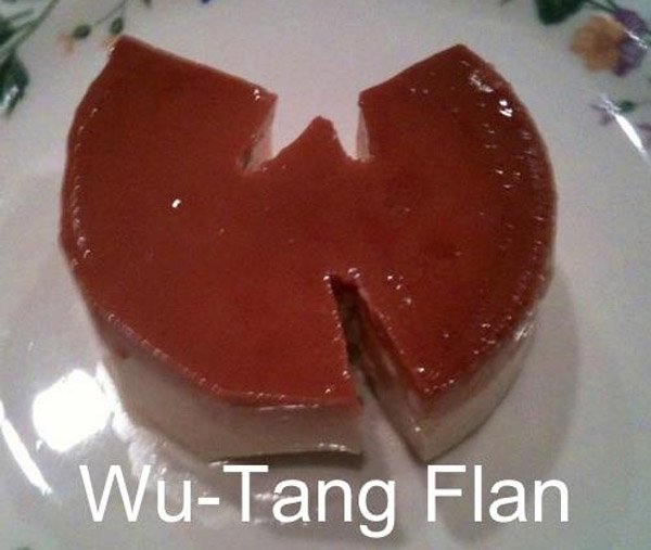 Wu Tang flan on a white plate that's so pucking punny.
