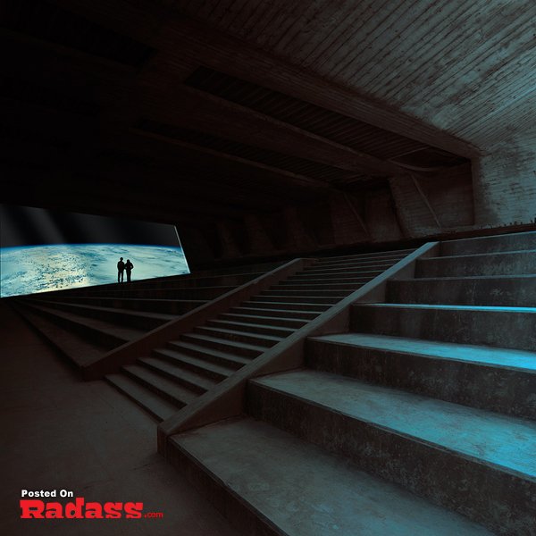 Beautiful and HQ photographs of stairs leading up to a room with a projection screen.