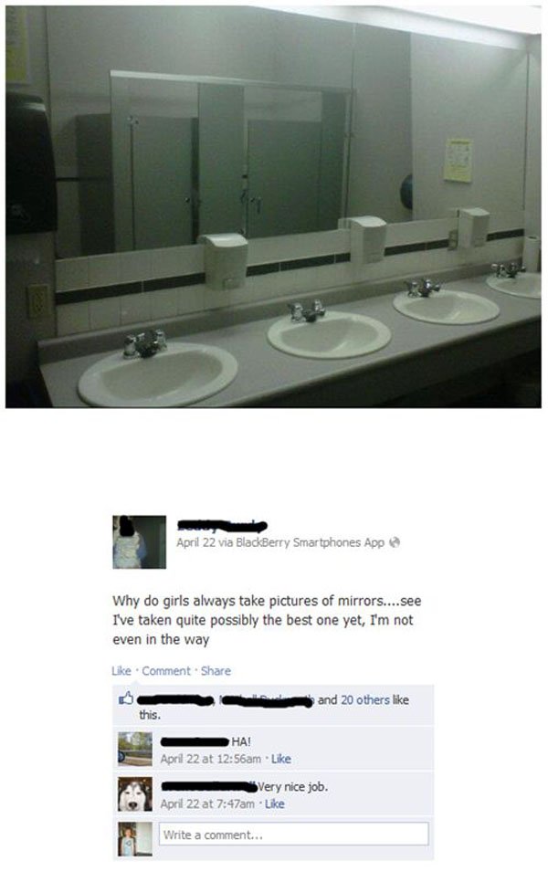 A picture of a bathroom with two sinks and a mirror, designed to troll and provoke.