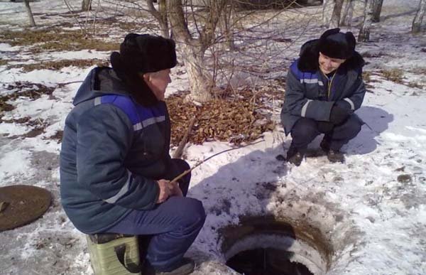 Two men observing a fish tank.
