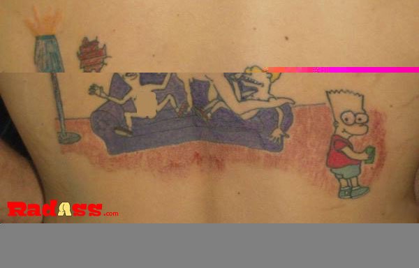 A man embraces living in the moment with a Simpsons tattoo on his back.