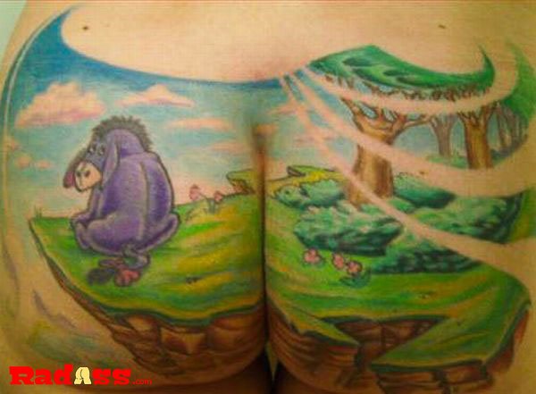 A tattoo featuring a woman with a cartoon character on her back that captures the essence of